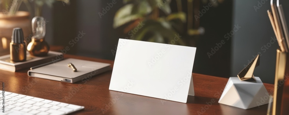 Blank card on a stylish office desk with decorative items and books, perfect for business and branding presentations. Blank card on a stylish office desk with decorative items and books, perfect for business and branding presentations.