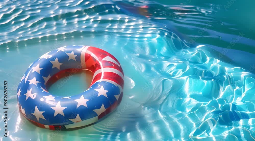 Close-up of an inflatable pool ring with the American flag design floating in blue water, representing summer fun and freedom
