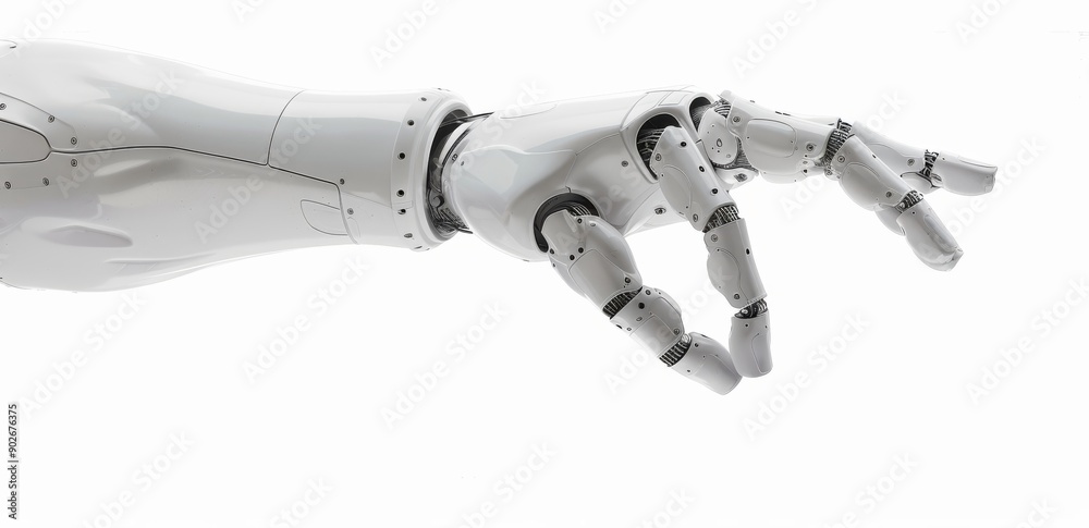 A futuristic robotic arm with a mechanical hand reaches out against a pristine white background, symbolizing advanced technology, innovation, and automation in modern industry and artificial intellige A futuristic robotic arm with a mechanical hand reaches out against a pristine white background, symbolizing advanced technology, innovation, and automation in modern industry and artificial intellige