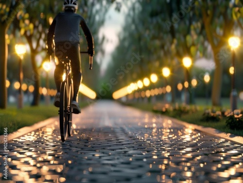 A cyclist rides down a cobblestone path lined with trees and streetlights. The sun is setting in the background. photo