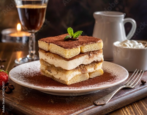 An indulgent Italian tiramisu with layers of coffee-soaked ladyfingers and mascarpone - italian dessert