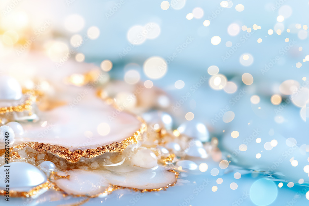Elegant abstract background featuring shimmering pearls and golden accents on soft blue surface Elegant abstract background featuring shimmering pearls and golden accents on soft blue surface