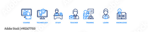 Online education banner web icon vector illustration concept with icon of course, technology, study, teacher, training, learn and knowledge
