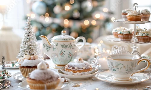 Wallpaper Mural Elegant holiday tea set with pastries and cupcakes on decorated table Torontodigital.ca