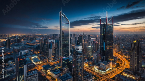 Wallpaper Mural Panoramic view of a dazzling cityscape at dusk with illuminated modern skyscrapers and highways. Torontodigital.ca