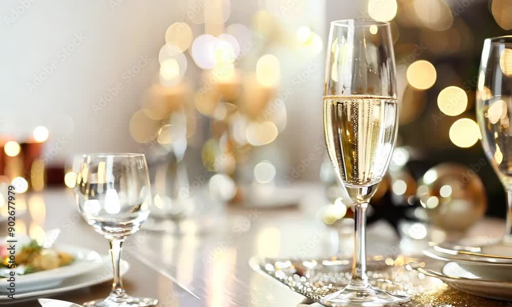 Elegant champagne glasses on festive table with blurred lights in background