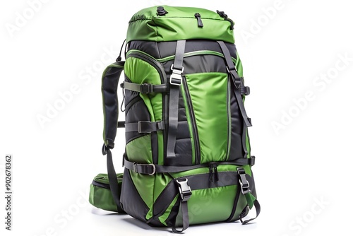Green and Black Hiking Backpack. showcases a two-toned, large-capacity backpack designed for extended outdoor adventures, featuring multiple straps and compartments