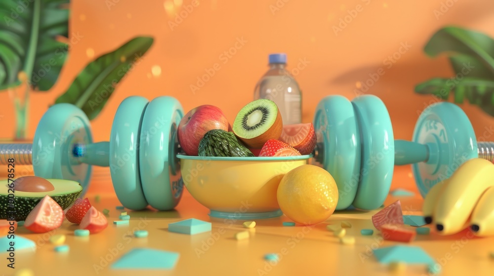 Set of sport items and healthy food with glossy dumbbells, scales and water bottle and salad bowl,banana and avocado,healthy lifestyle packaging,organic fruits and vegetables.diet woman concept. Set of sport items and healthy food with glossy dumbbells, scales and water bottle and salad bowl,banana and avocado,healthy lifestyle packaging,organic fruits and vegetables.diet woman concept.