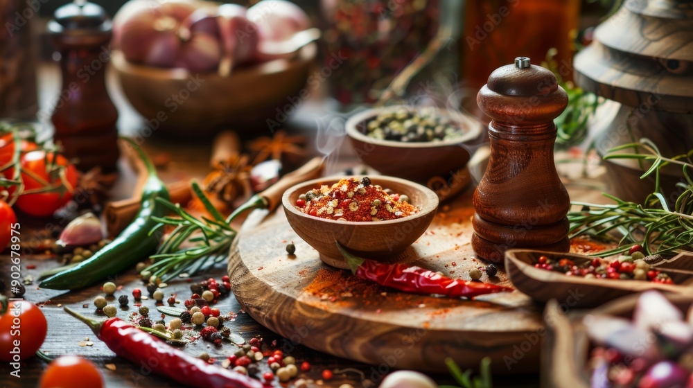 Assorted spices and herbs on a wooden table Assorted spices and herbs on a wooden table