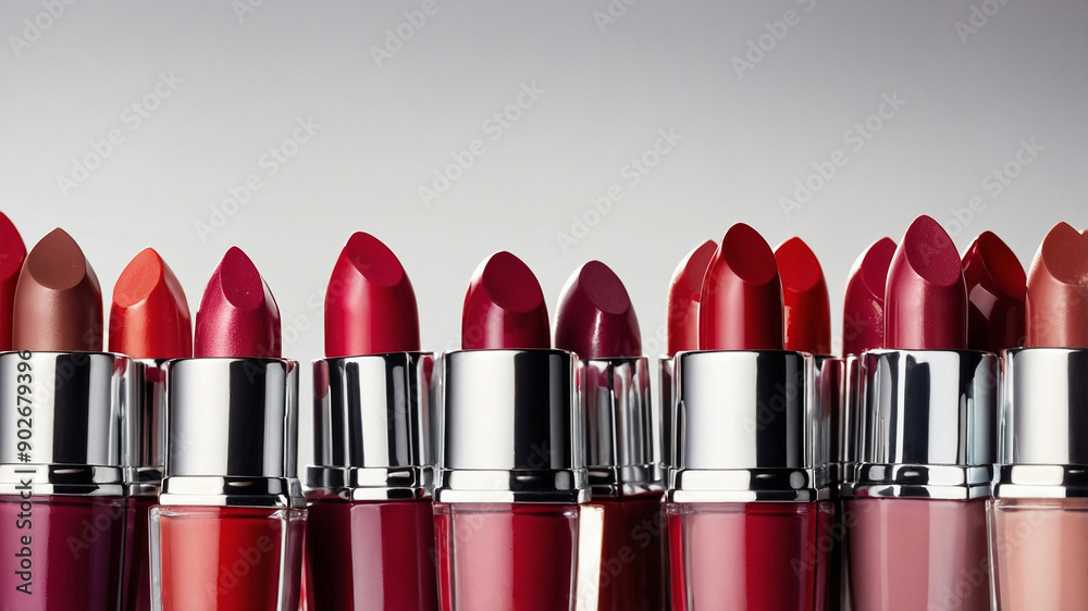 Obraz premium A row of various shades of lipsticks with shiny metal caps displayed against a neutral background.