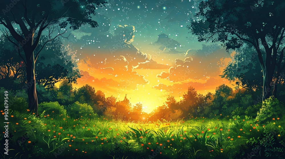 vector, illustraiton, Forrest landscape with grass and lots of trees, nature inspired vector illustration