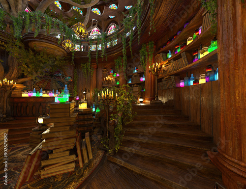 3D rendered image of the interior of a magical tree house like a wizard's hut filled with magical potions and books   photo