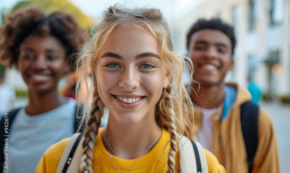 Fototapeta premium Happy diverse students posing together outdoors.