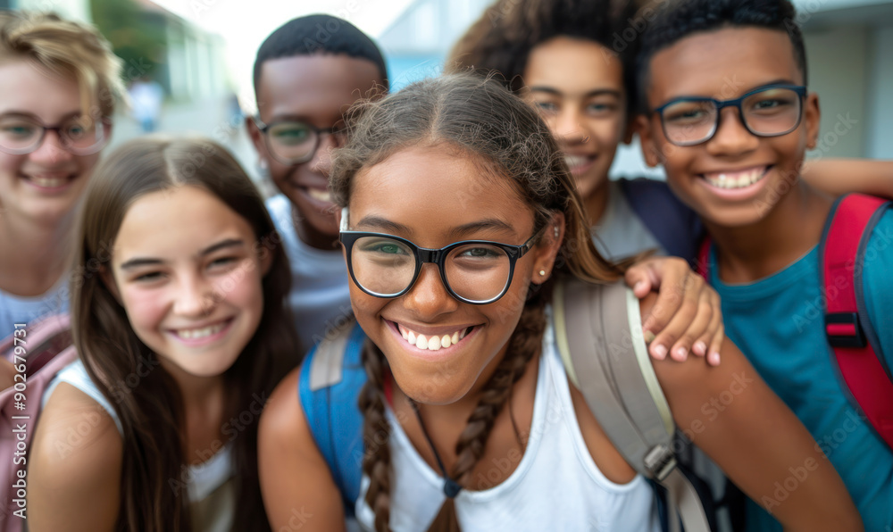 Happy diverse students posing together outdoors. Happy diverse students posing together outdoors.