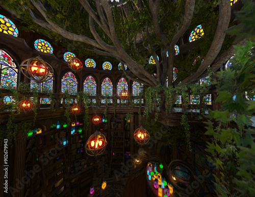 3D rendered image of the interior of a magical tree house like a wizard's hut filled with magical potions and books   photo