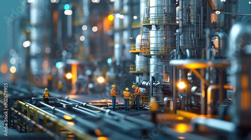 A miniature model of an industrial complex, with workers standing on a walkway in front of towering pipes and tanks, illuminated by bright lights.