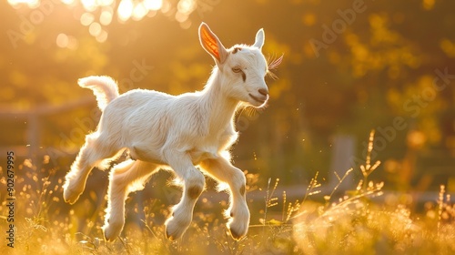 A baby goat leaping in a sunny meadow, morning light photo