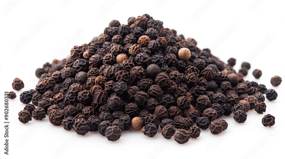 Heap of aromatic black peppercorns, on white background side view Heap of aromatic black peppercorns, on white background side view