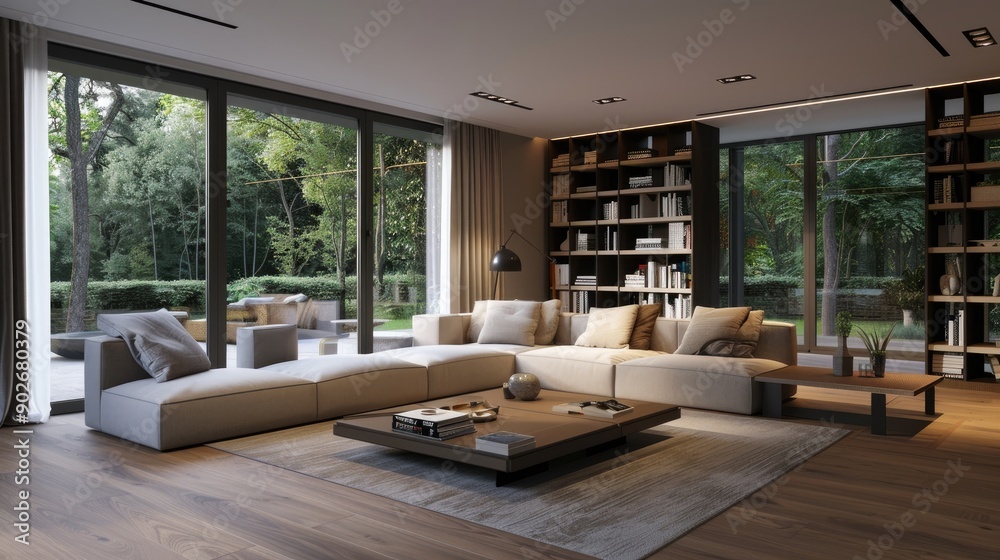 A contemporary living room with a large sectional sofa