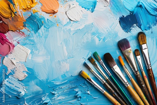 Paints, watercolors, brushes and other art supplies, perfect for art school online, copy space, place for text