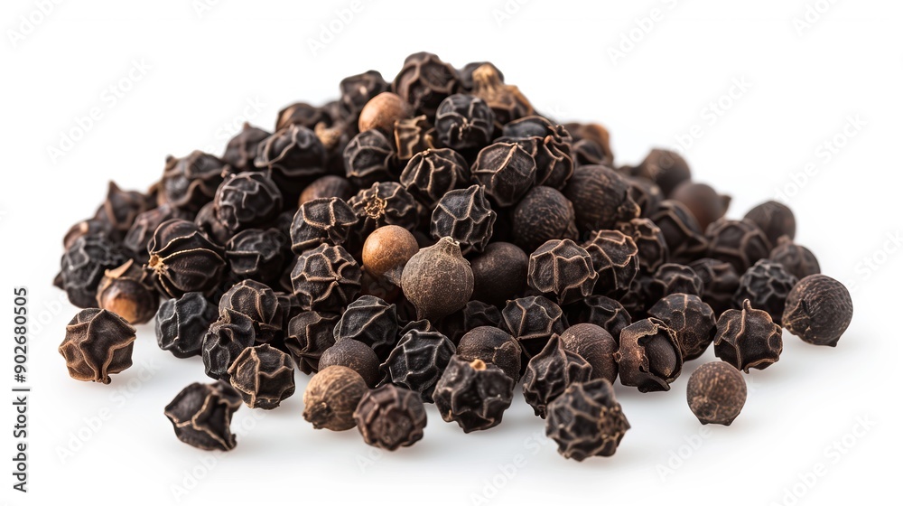 Heap of aromatic black peppercorns, on white background side view Heap of aromatic black peppercorns, on white background side view