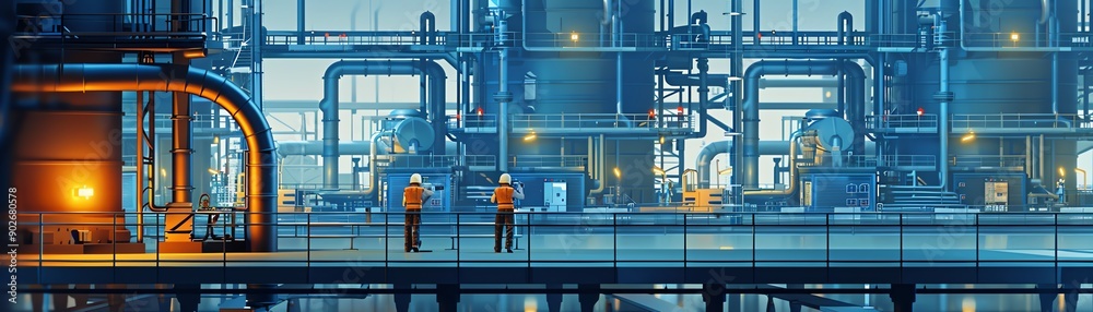 Fototapeta premium Industrial facility with machinery and workers.