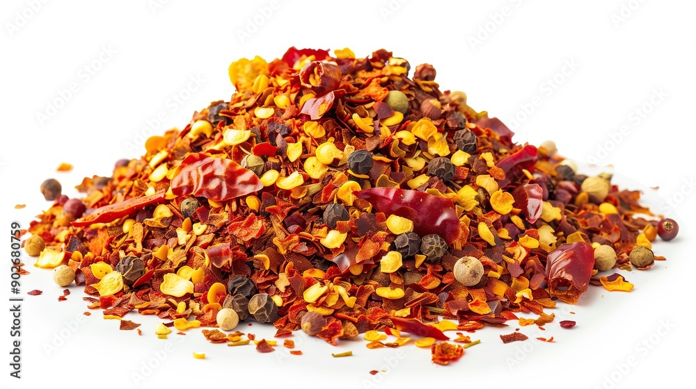 Pile of spicy chili red pepper flakes white background, side view Pile of spicy chili red pepper flakes white background, side view