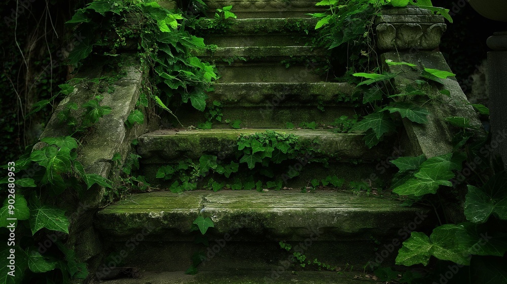 Moss-Covered Stone Staircase in Lush Garden. Moss-Covered Stone Staircase in Lush Garden.