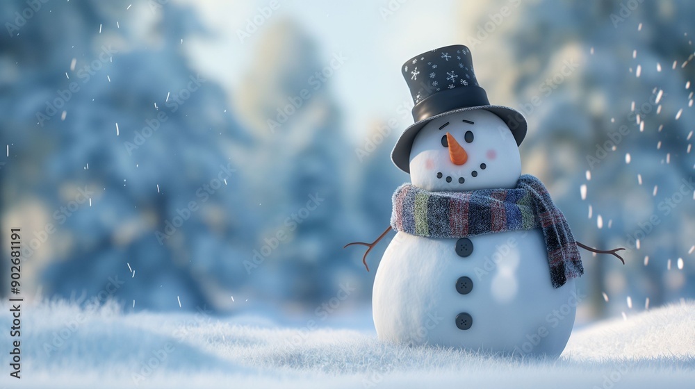 Obraz premium Cheerful Snowman with Scarf in Winter Wonderland.
