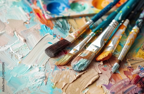 Paints, watercolors, brushes and other art supplies, perfect for art school online, copy space, place for text