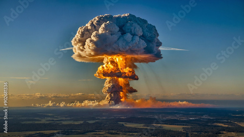 Dramatic nuclear explosion scene with a towering mushroom cloud rising into the sky over a deserted landscape.