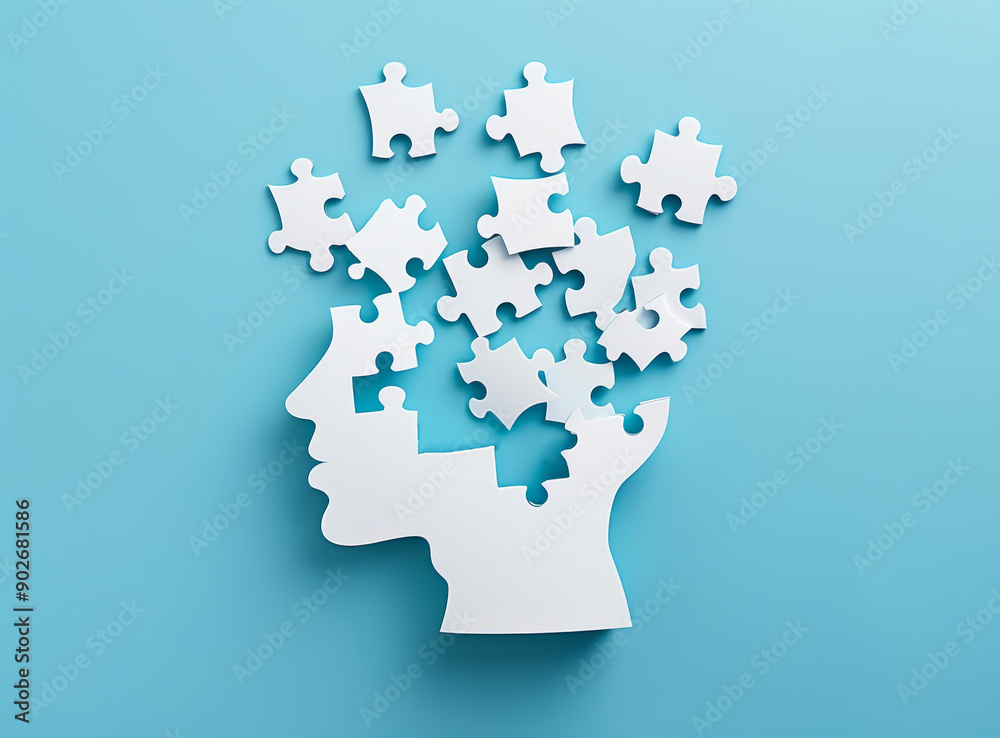 A man's head cut out of white paper with puzzle pieces falling out on a blue background. A concept for World Brain Day or Mental Health.