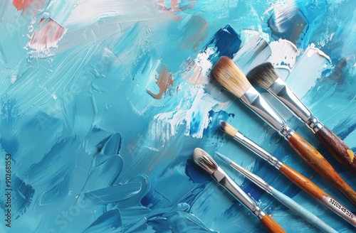 Paints, watercolors, brushes and other art supplies, perfect for art school online, copy space, place for text