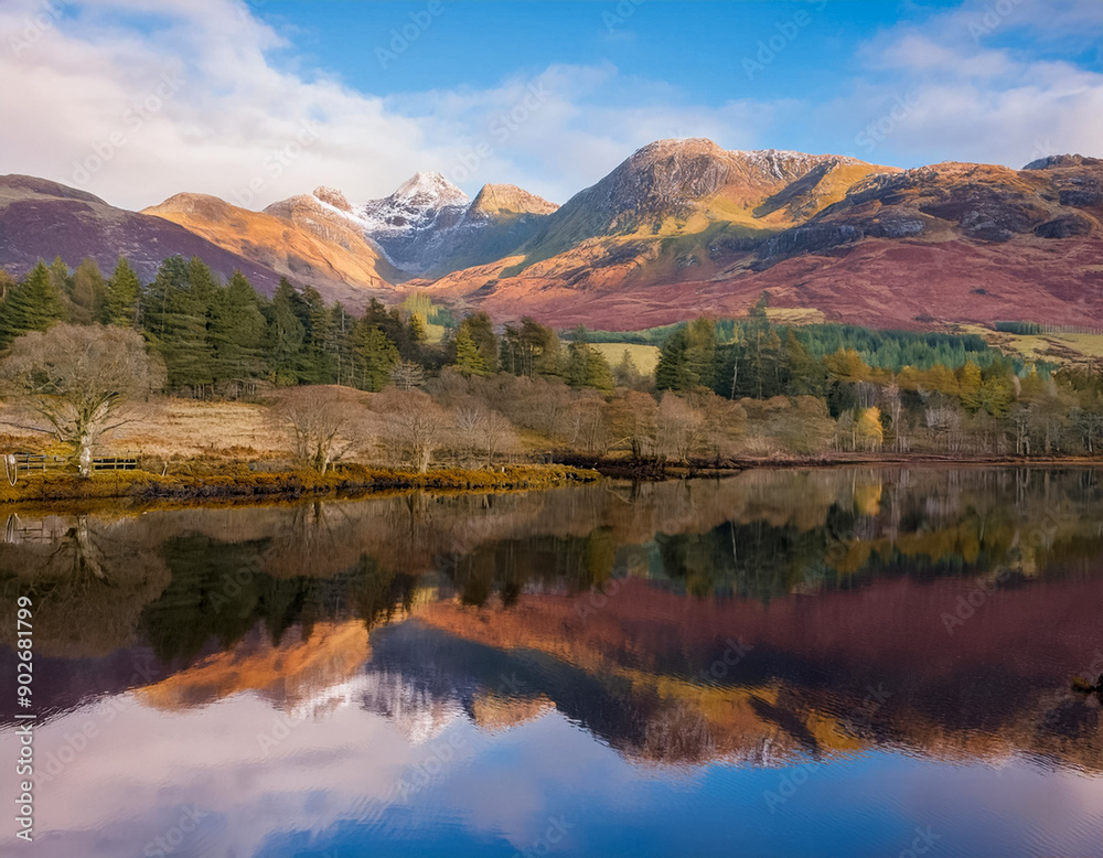 Fototapeta premium Rural agricultural landscape of mountains reflected in Scottish loch
