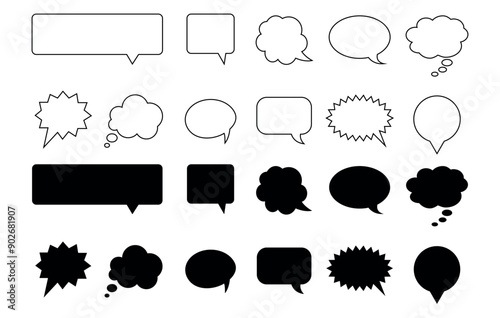 Black speech bubble collection. Set of speech bubble. Fill and thin outline Speech bubble comic icons. Vector illustration isolated on white background.