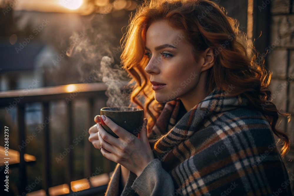 A red-haired, beautiful woman wrapped in a plaid with a mug of hot coffee on a beautiful patio in the rays of the setting sun. The girl inhales the aroma of the drink. Comfort and harmony. A red-haired, beautiful woman wrapped in a plaid with a mug of hot coffee on a beautiful patio in the rays of the setting sun. The girl inhales the aroma of the drink. Comfort and harmony.