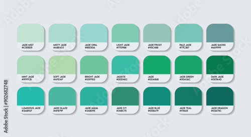 Jade Color Palette, Jade Color Guide Palette with Color Names. Catalog Samples of Green with RGB HEX codes and Names. Green Colors Palette Vector, Fashion Trend Jade Green Color shades Vector tones