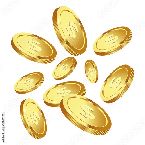 Realistic gold coin on white background. Falling or flying money. Vector 3d illustration