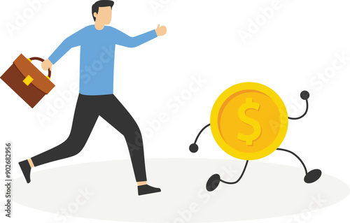business man chasing golden coin.vector illustration flat design.

