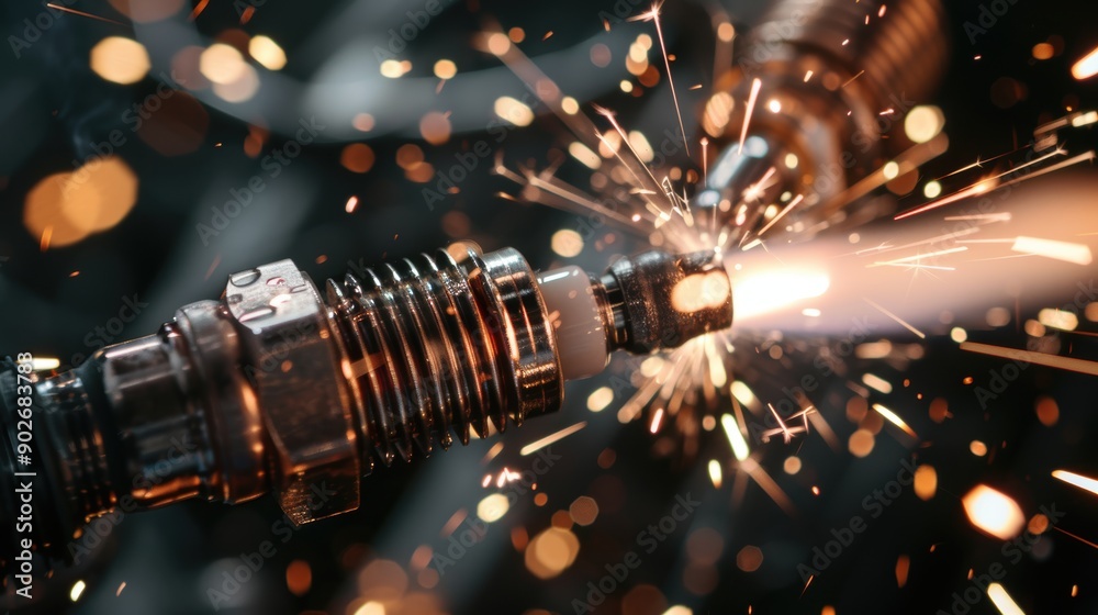 Close-up image of a spark plug creating a brilliant burst of light and fiery sparks in motion Close-up image of a spark plug creating a brilliant burst of light and fiery sparks in motion