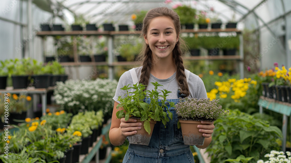A young woman working in the garden center of an urban supermarket, holding pots with plants and smiling at the camera
A young woman working in the garden center of an urban supermarket, holding pots with plants and smiling at the camera