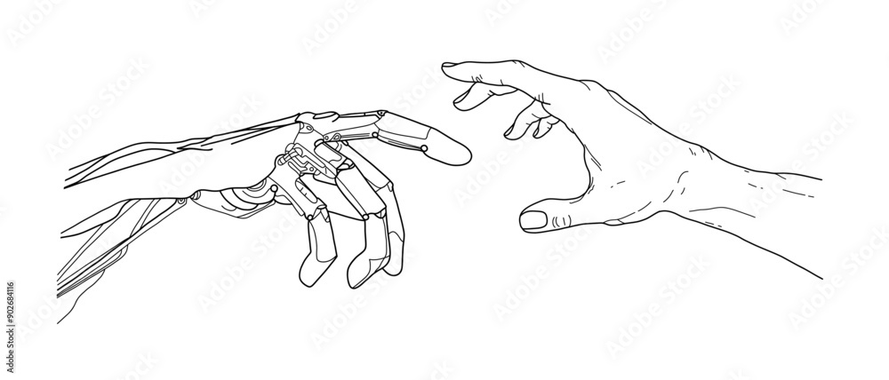 Robot hand touch human sketch. Technology artificial arm of future touching human arm line art. Digital computer creation concept. Science tech vector illustration in black outline style