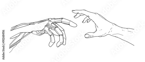 Robot hand touch human sketch. Technology artificial arm of future touching human arm line art. Digital computer creation concept. Science tech vector illustration in black outline style