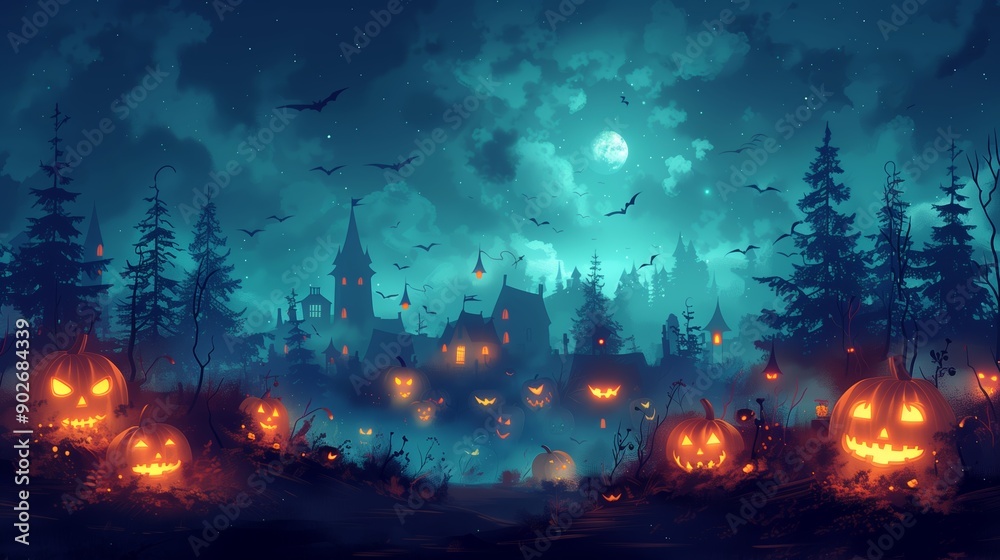 Spooky Halloween Night With Glowing Jack-o'-Lanterns Under a Full Moon Spooky Halloween Night With Glowing Jack-o'-Lanterns Under a Full Moon