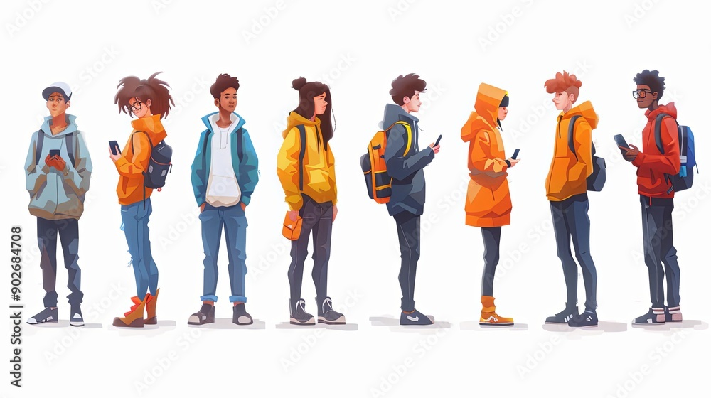 Obraz premium vector, illustraiton, Isometric people and gadgets. Young men and women characters with smartphones and gadgets. Vector modern freelance business people on white backgroun
