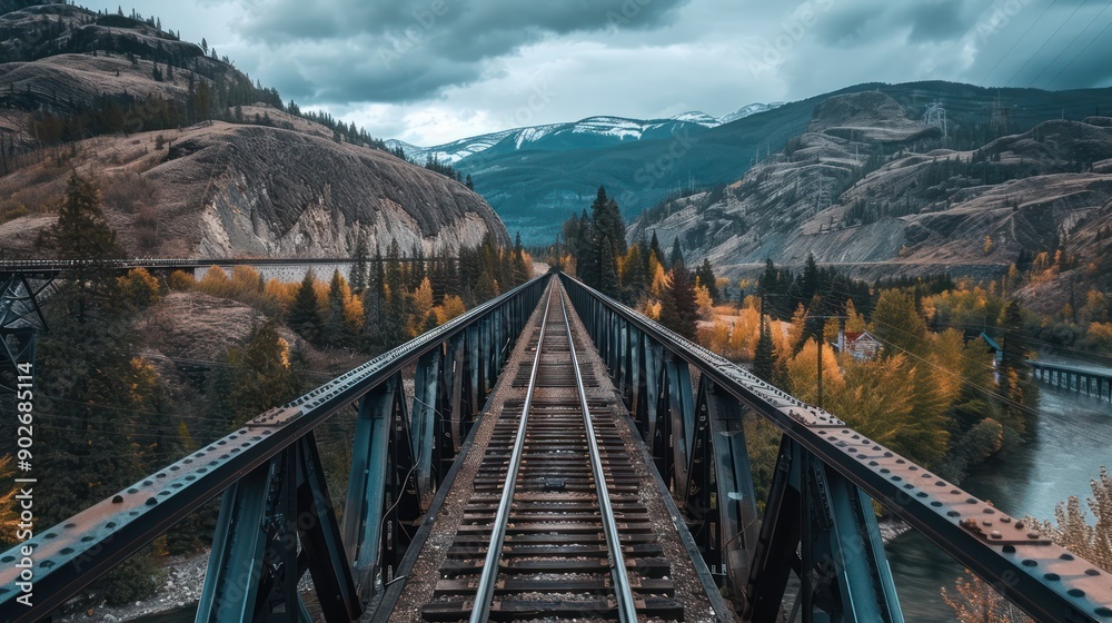 Steel bridge with train tracks crossing over a valley surrounded by mountains Steel bridge with train tracks crossing over a valley surrounded by mountains