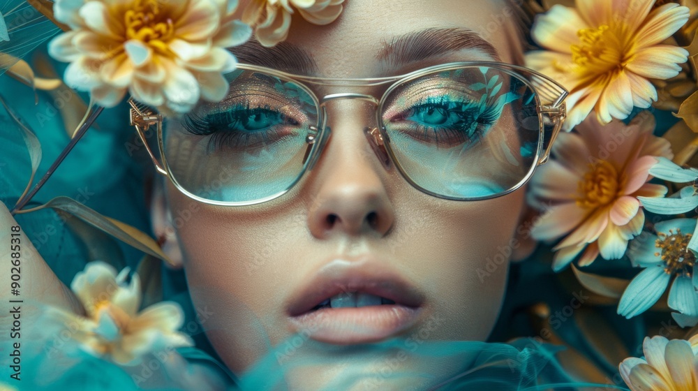 Fototapeta premium Portrait of woman with floral sunglasses and makeup
