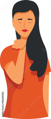 Young woman is covering her mouth while coughing, possibly feeling unwell
