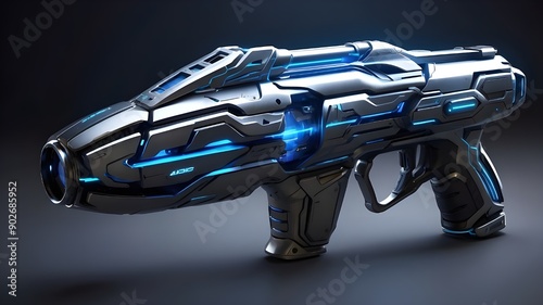 A futuristic laser gun with sleek, metallic curves and glowing blue accents, ready to blast through any obstacle in its path.