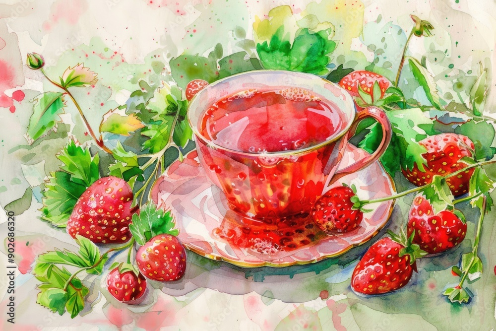 Delicious Wild Strawberry Tea with Fresh Berries and Jam. Watercolor Illustration for Healthy Breakfast